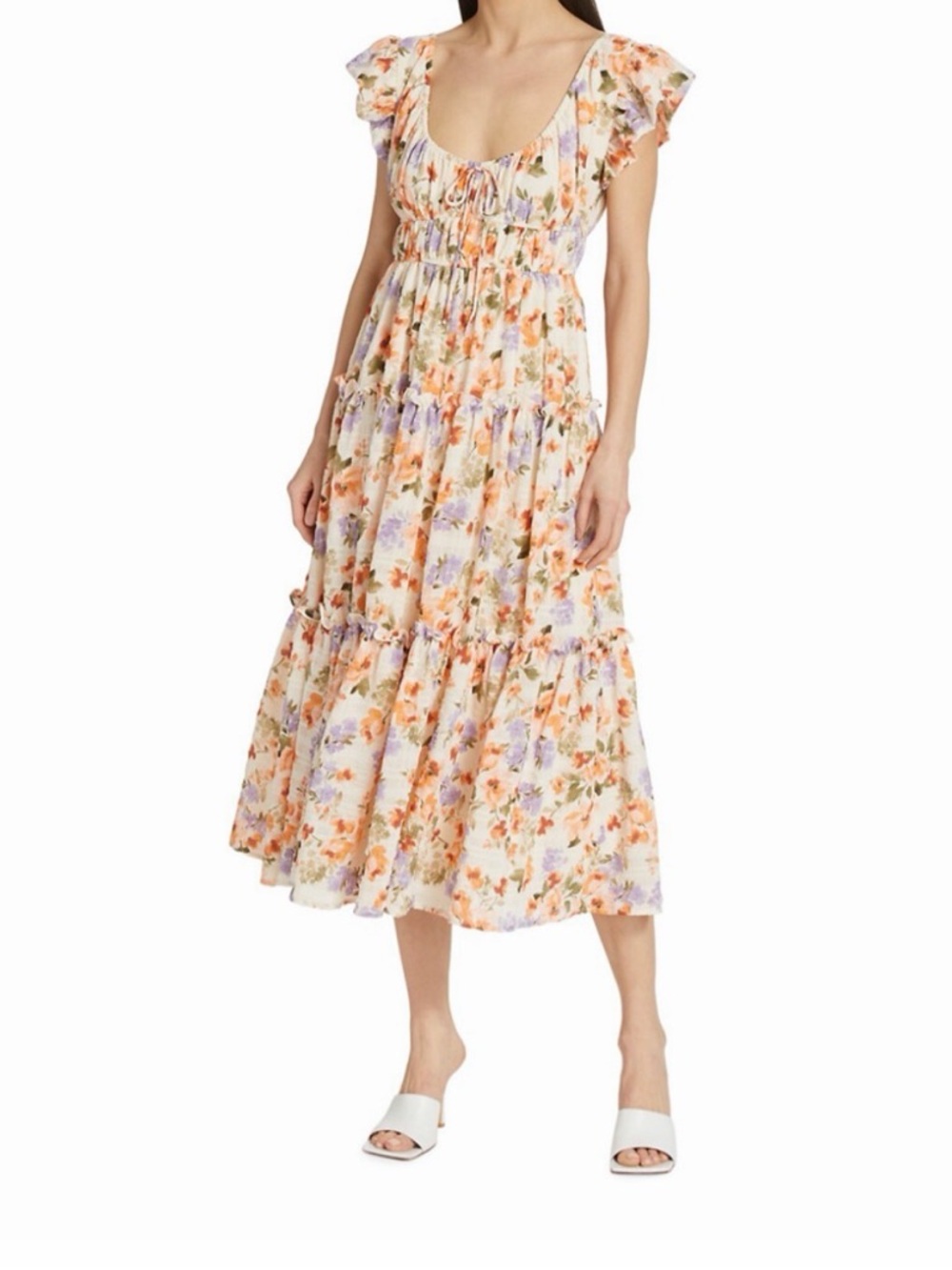 En Saison Cream Midi Dress with Peach and Lavender Floral Print